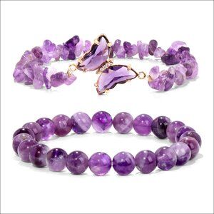 Natural Amethyst Stretch Bracelet with Butterfly Charm Healing Stone